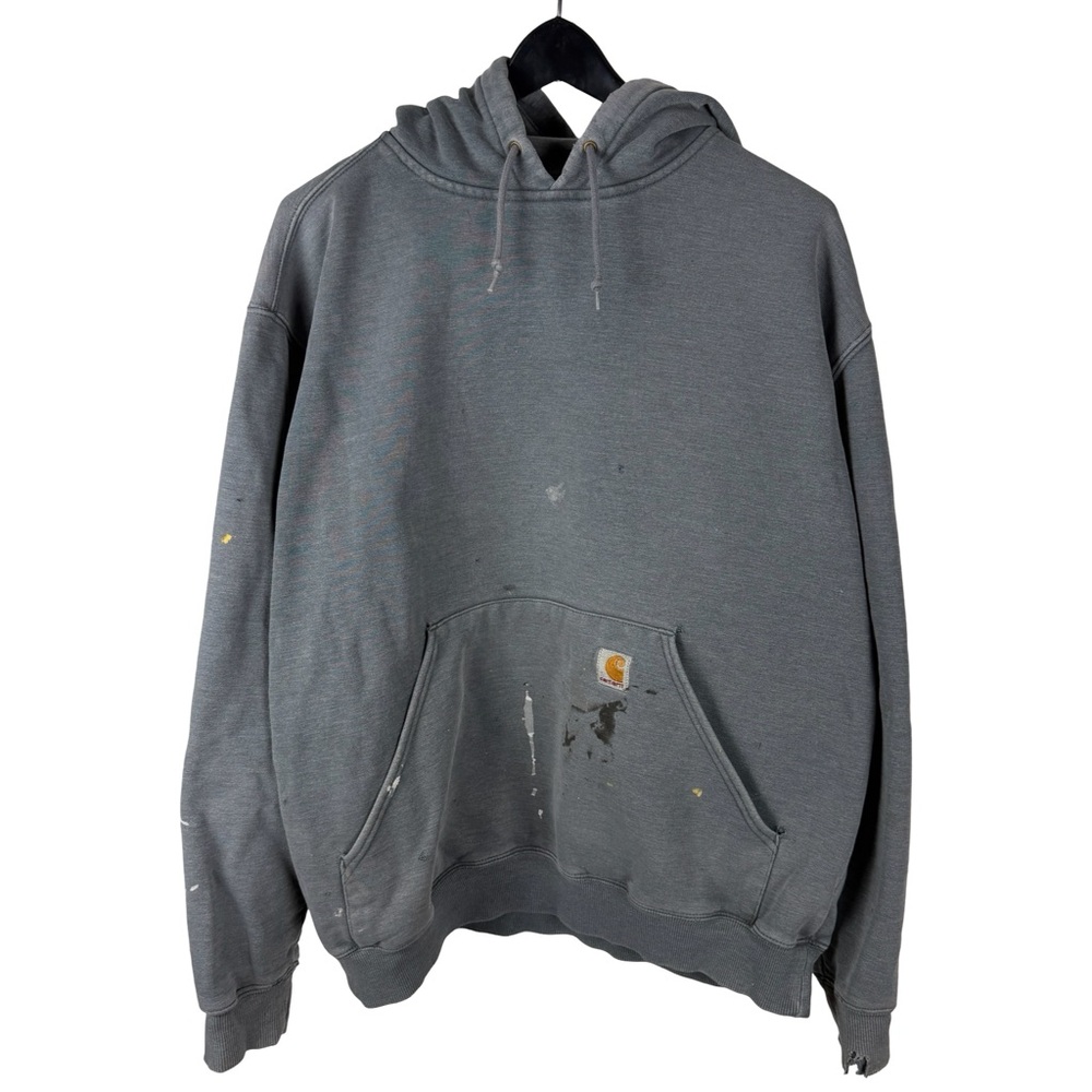 Vintage 2000s Carhartt Workwear Paint Splatter Embroidered Grey Hoodie Size LT